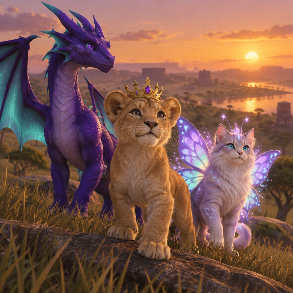 A crowned cat, a friendly purple dragon, and a glowing fairy in a magical meadow